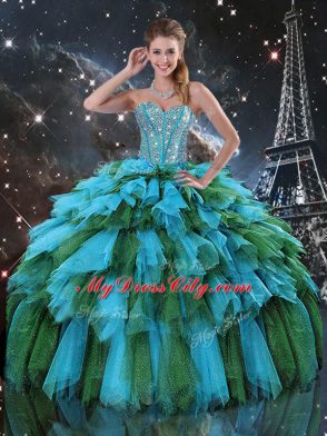 Modest Beading and Ruffles and Ruffled Layers Vestidos de Quinceanera Multi-color Lace Up Sleeveless Floor Length