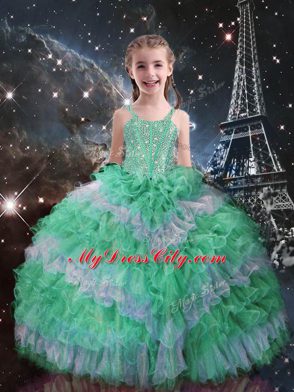 Stylish Straps Sleeveless Pageant Dress for Teens Floor Length Beading and Ruffled Layers Apple Green Organza