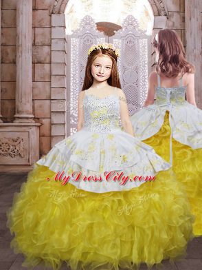 Yellow And White Quinceanera Gowns Military Ball and Sweet 16 and Quinceanera with Beading and Appliques and Ruffles Sweetheart Sleeveless Lace Up