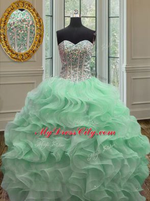 Extravagant Sleeveless Floor Length Ruffles Lace Up Quinceanera Dress with Apple Green