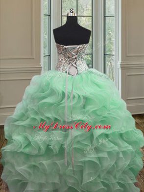 Extravagant Sleeveless Floor Length Ruffles Lace Up Quinceanera Dress with Apple Green