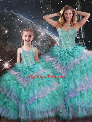 Sweetheart Sleeveless Organza Sweet 16 Quinceanera Dress Beading and Ruffled Layers and Sequins Lace Up