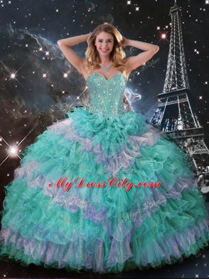 Sweetheart Sleeveless Organza Sweet 16 Quinceanera Dress Beading and Ruffled Layers and Sequins Lace Up