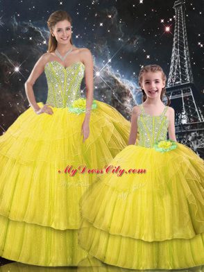 Custom Designed Sleeveless Floor Length Ruffled Layers Lace Up Sweet 16 Dress with Gold