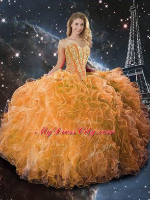 Orange Sleeveless Floor Length Beading and Ruffles Lace Up Ball Gown Prom Dress