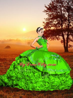 Wonderful Green Organza Lace Up Sweet 16 Quinceanera Dress Sleeveless Brush Train Embroidery and Ruffles