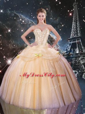 Elegant Sleeveless Floor Length Beading Lace Up Quinceanera Gown with Champagne