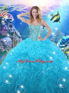 Fashion Baby Blue Organza Lace Up Sweet 16 Dress Sleeveless Floor Length Beading and Ruffles