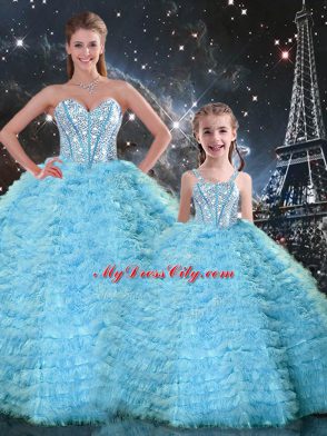 Stunning Light Blue Tulle Lace Up Sweetheart Sleeveless Floor Length 15th Birthday Dress Beading and Ruffles