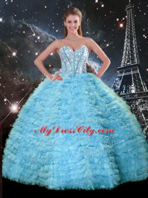 Stunning Light Blue Tulle Lace Up Sweetheart Sleeveless Floor Length 15th Birthday Dress Beading and Ruffles