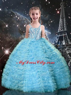 Stunning Light Blue Tulle Lace Up Sweetheart Sleeveless Floor Length 15th Birthday Dress Beading and Ruffles