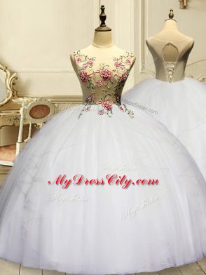 Floor Length White Quinceanera Gowns Scoop Sleeveless Lace Up