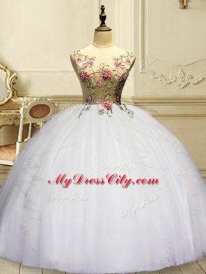 Floor Length White Quinceanera Gowns Scoop Sleeveless Lace Up