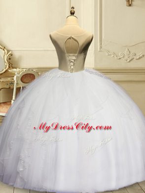 Floor Length White Quinceanera Gowns Scoop Sleeveless Lace Up