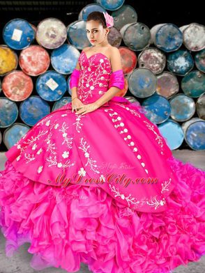 Hot Pink Lace Up Sweetheart Embroidery and Ruffles Sweet 16 Quinceanera Dress Organza Sleeveless Brush Train