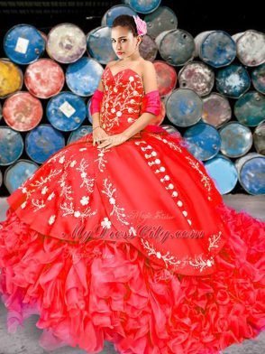 Fantastic Organza Sleeveless Quince Ball Gowns Brush Train and Embroidery and Ruffles