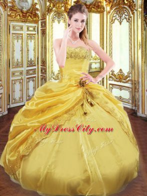 Taffeta Strapless Sleeveless Lace Up Beading and Pick Ups Quinceanera Dress in Gold