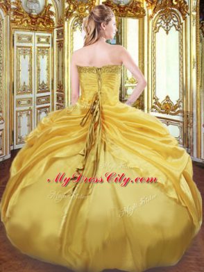 Taffeta Strapless Sleeveless Lace Up Beading and Pick Ups Quinceanera Dress in Gold