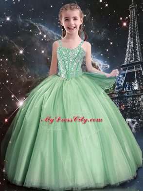 Beading Glitz Pageant Dress Apple Green Lace Up Sleeveless Floor Length