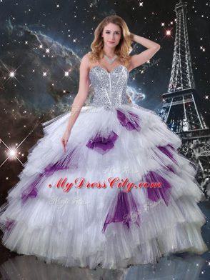 Sweet Tulle Sweetheart Sleeveless Lace Up Beading and Ruffled Layers and Sequins Quince Ball Gowns in Multi-color