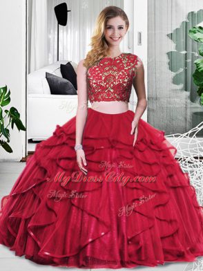 Sleeveless Lace and Ruffles Zipper Quince Ball Gowns