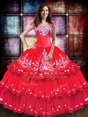 Coral Red Lace Up Off The Shoulder Embroidery and Ruffled Layers Quinceanera Gowns Taffeta Sleeveless