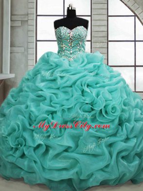 Sumptuous Sweetheart Sleeveless Organza 15th Birthday Dress Beading and Pick Ups Brush Train Lace Up