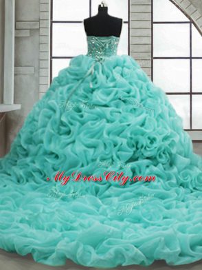 Sumptuous Sweetheart Sleeveless Organza 15th Birthday Dress Beading and Pick Ups Brush Train Lace Up