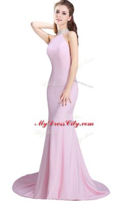 High End Sleeveless Beading Side Zipper Prom Evening Gown with Baby Pink Brush Train