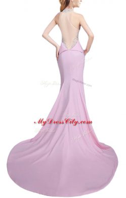 High End Sleeveless Beading Side Zipper Prom Evening Gown with Baby Pink Brush Train