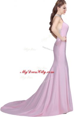 High End Sleeveless Beading Side Zipper Prom Evening Gown with Baby Pink Brush Train