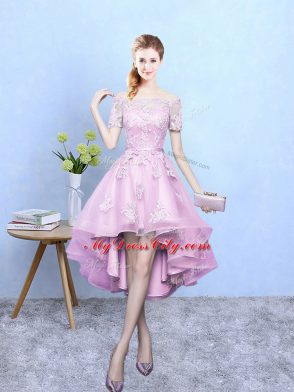 Charming Lace Damas Dress Rose Pink Lace Up Short Sleeves High Low