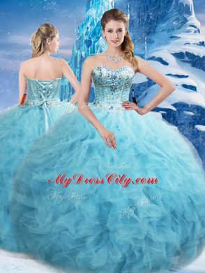 Aqua Blue Sweetheart Lace Up Beading and Pick Ups Quinceanera Gowns Sleeveless