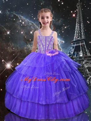 Floor Length Lace Up Quinceanera Gown Purple for Military Ball and Sweet 16 and Quinceanera with Ruffled Layers and Sequins