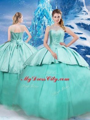 Glorious Turquoise Sweet 16 Dress Tulle Brush Train Sleeveless Beading and Ruching