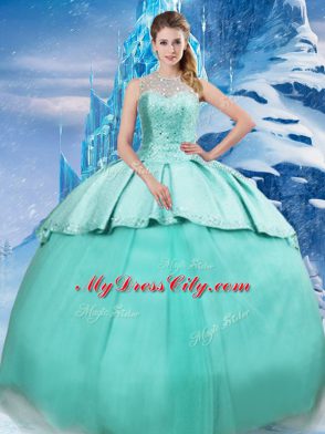 Glorious Turquoise Sweet 16 Dress Tulle Brush Train Sleeveless Beading and Ruching