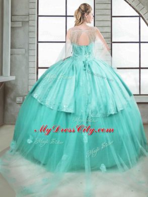 Glorious Turquoise Sweet 16 Dress Tulle Brush Train Sleeveless Beading and Ruching