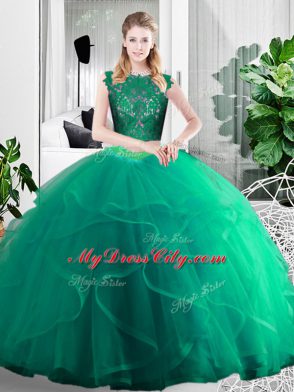 Turquoise Two Pieces Tulle Scoop Sleeveless Lace and Ruffles Floor Length Zipper Quinceanera Gown