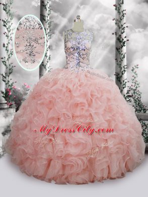 Baby Pink Scoop Lace Up Beading and Ruffles 15th Birthday Dress Sleeveless