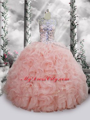 Baby Pink Scoop Lace Up Beading and Ruffles 15th Birthday Dress Sleeveless