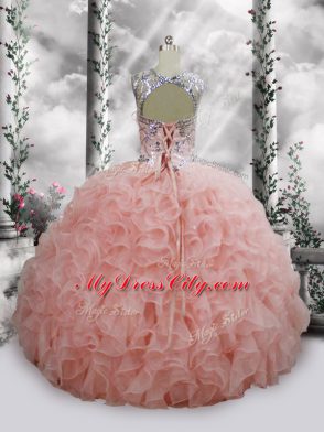 Baby Pink Scoop Lace Up Beading and Ruffles 15th Birthday Dress Sleeveless