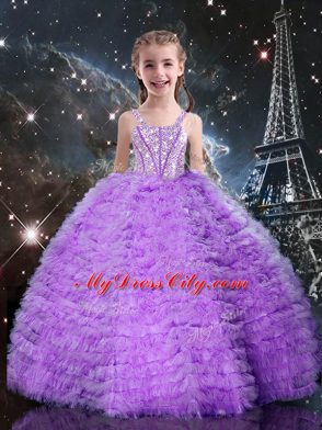 Floor Length Lace Up Teens Party Dress Eggplant Purple for Quinceanera and Wedding Party with Beading and Ruffles and Ruffled Layers