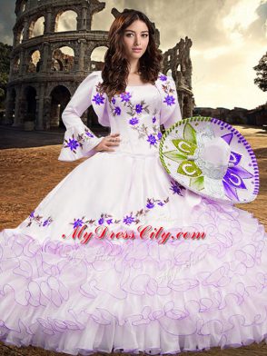 Captivating Long Sleeves Lace Up Floor Length Embroidery and Ruffled Layers Quinceanera Gowns