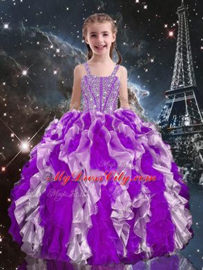 Eggplant Purple Sleeveless Beading and Ruffles Floor Length Pageant Dress