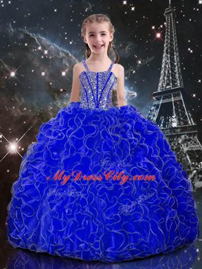 Trendy Royal Blue Sleeveless Beading and Ruffles Floor Length Kids Formal Wear