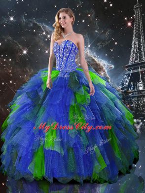 Floor Length Multi-color Quince Ball Gowns Organza Sleeveless Beading and Ruffles