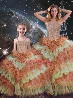 Multi-color Organza Lace Up 15th Birthday Dress Sleeveless Floor Length Beading and Ruffled Layers and Sequins