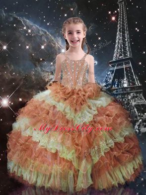 Multi-color Organza Lace Up 15th Birthday Dress Sleeveless Floor Length Beading and Ruffled Layers and Sequins