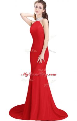 Nice Red Mermaid Elastic Woven Satin Halter Top Sleeveless Beading Side Zipper Prom Evening Gown Brush Train