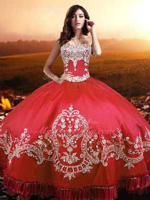 Glamorous Coral Red Sleeveless Floor Length Beading and Appliques and Embroidery Lace Up Sweet 16 Quinceanera Dress